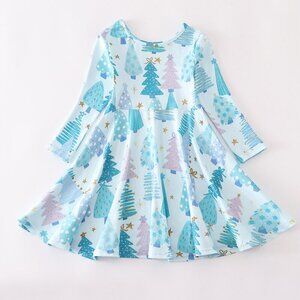 Girls Charming Blue Christmas Trees Twirl Dress